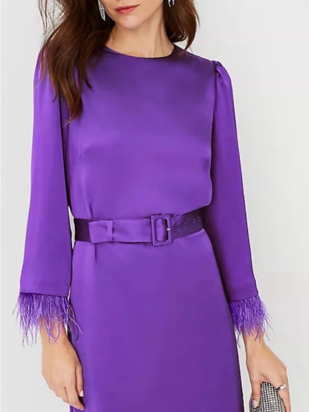 Ann Taylor Vibrant Purple Satin Dress with Feather Cuffs